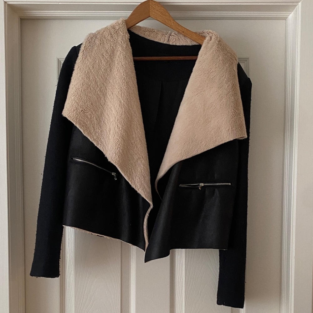 Black faux leather relaxed open front jacket by Fate size L